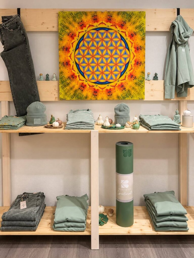Wandbild Blume des Lebens über Kleidung in Salbeigrün und einer Yogamatte
